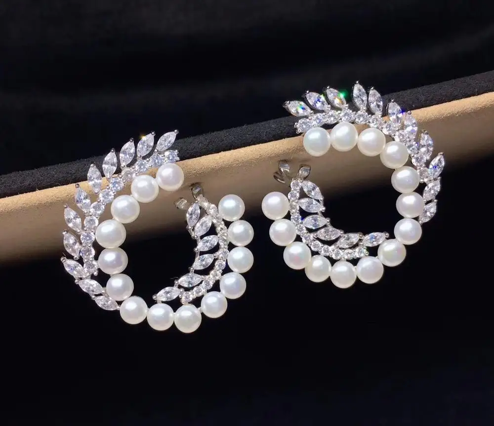 

natural fresh water pealr stud earring unique style circle 925 sterling silver with cubic zircon big earring fine
