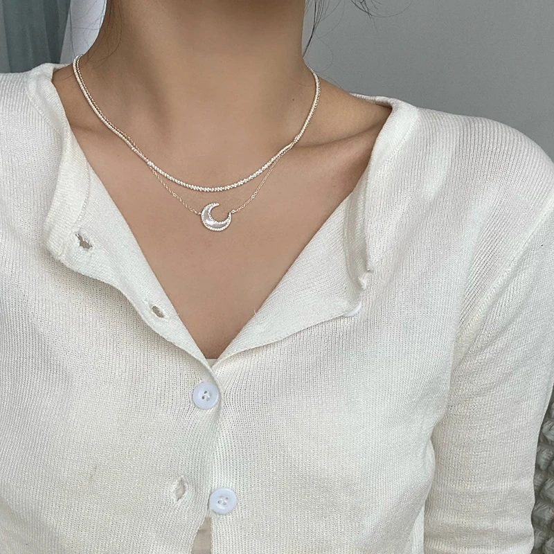 ANENJERY Silver Color Moon Necklace for Women White Shell Shiny Clavicle Chain Necklaces Party Jewelry