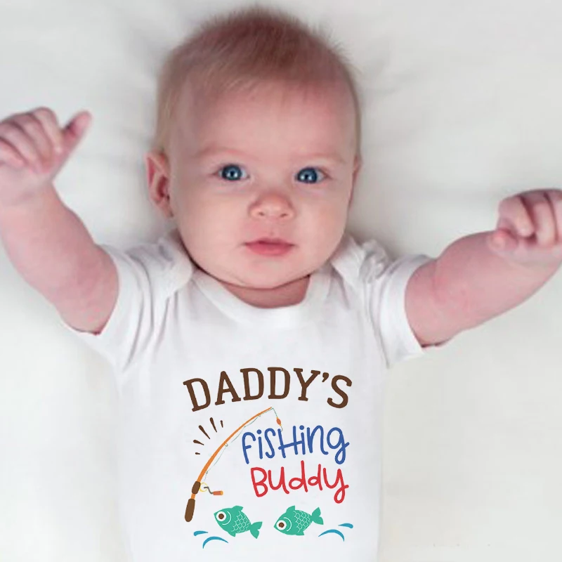 Cotton Newborn Baby Boy Girl Short Sleeve Romper Letter Print Daddy\'s Fishing Buddy Romper Outfits Summer Baby Clothes White