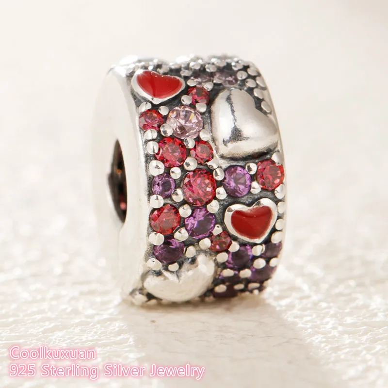 

Valentine's Day 925 Sterling Silver Asymmetric Hearts of Love Charm, Red &Pink CZ,clip beads Fit Pandora Charms Bracelet