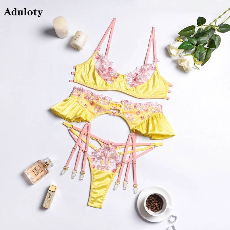 

Aduloty's New Thin Erotic See-Through Women's Embroidered Underwear Garter Belt Sexy Lingerie Underwire Gather Bra Set