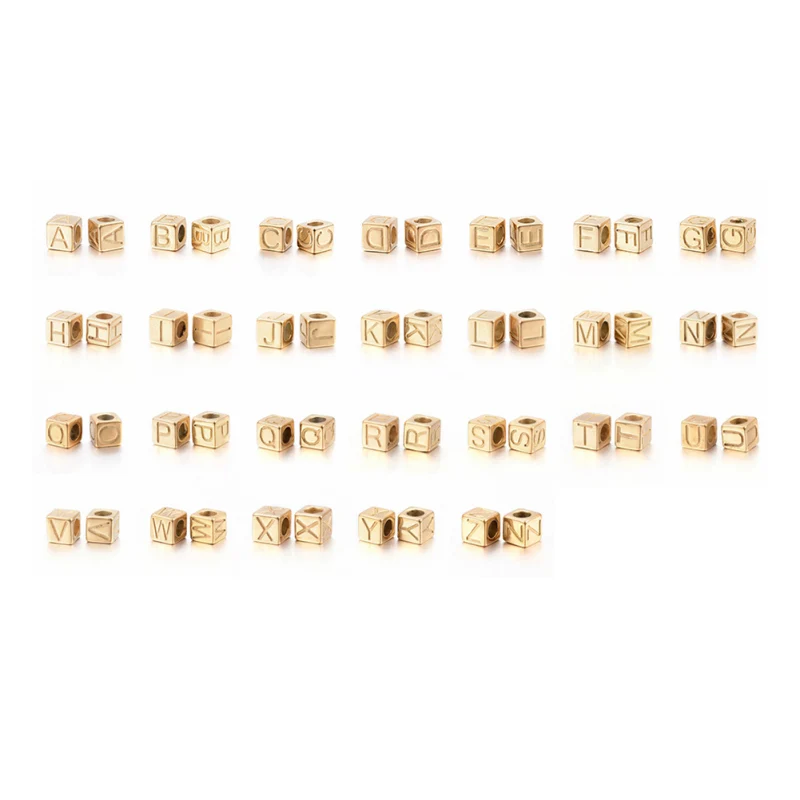 

304 Stainless Steel Cube 26 Alphabet European Beads Golden Letter A~Z for Jewelry Making Decor Accessories With Hole: 5mm