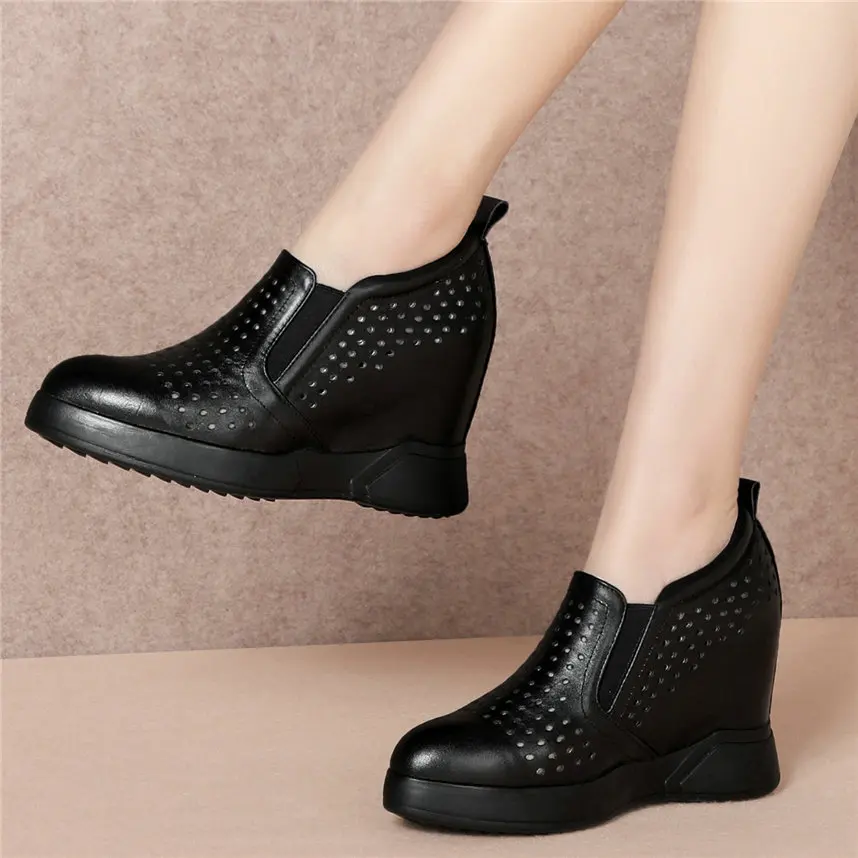 Breathable Trainers Women Genuine Leather Wedges High Heel Platform Pumps Shoes Female Pointed Toe Fashion Sneakers Casual Shoes