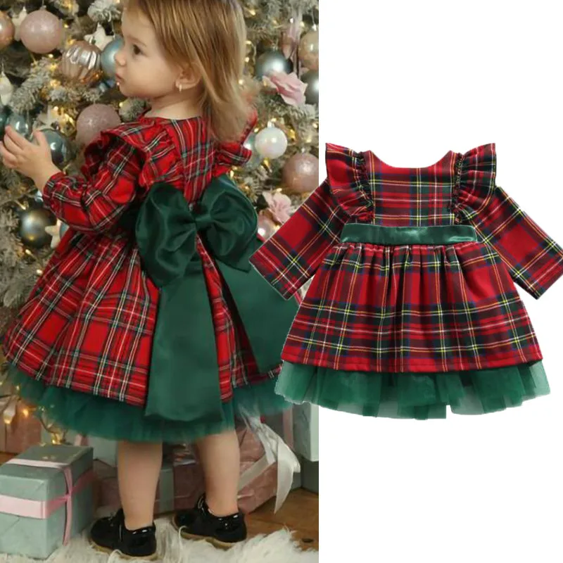 Christmas Dress For Girls Newborn Red Plaid Bow Dresses For Girl Xmas Party Princess Costumes