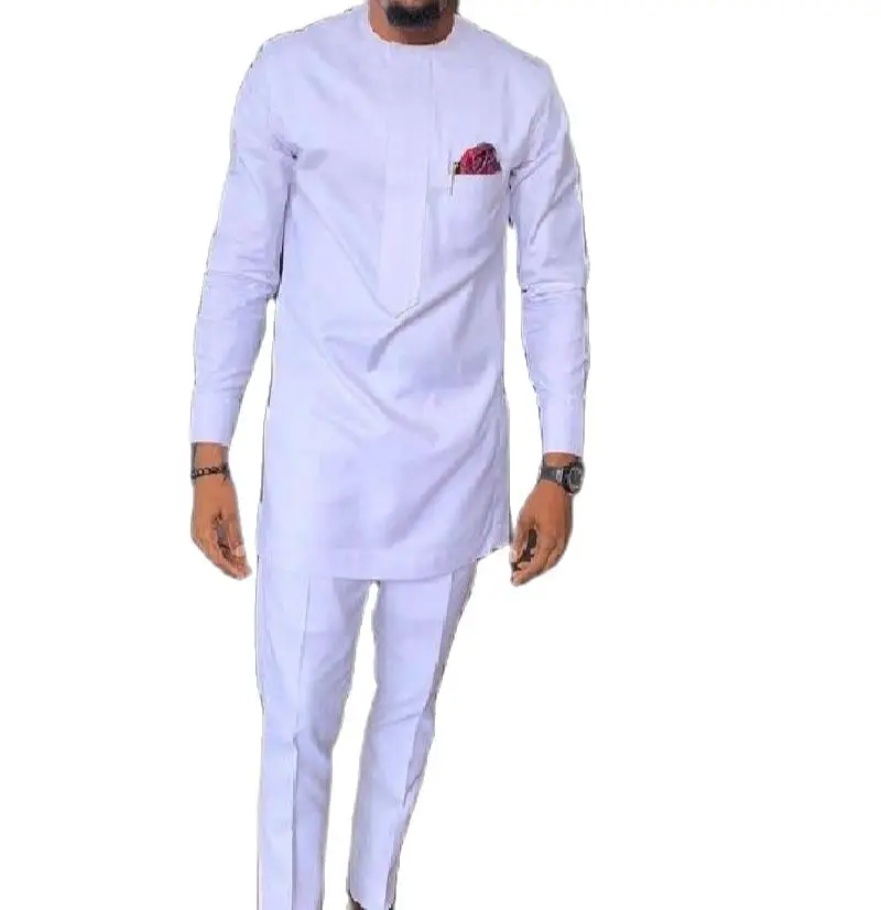 African fashion shirts patch trousers solid white pant sets senator style male groom suits plus size party wear African clothes