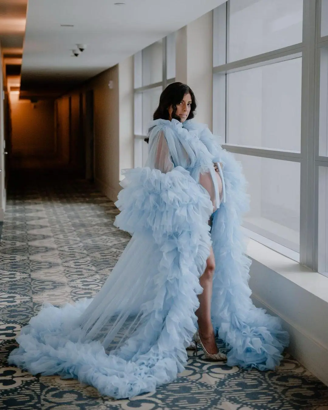 Light Sky Blue Maternity Dress Robes for Photo Shoot or Baby Shower Photography Robe Ruffle Tulle Chic Women Prom Gowns Ruffles