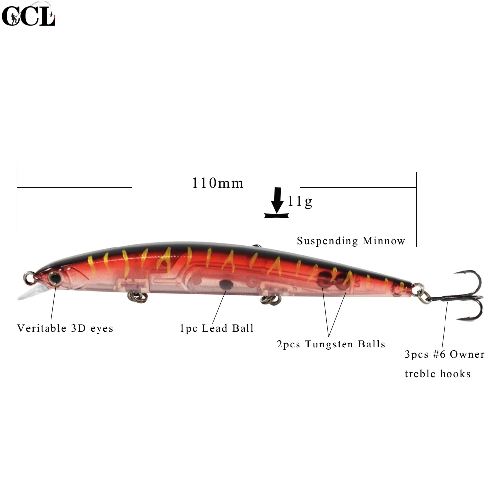 CCLTBA 3PCS/LOT Suspending Jerkbait Minnow Bait 110MM 11G Tungsten Balls Hard Bait Fishing Lures Minnow Wobblers