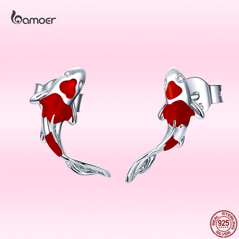 Bamoer Fashion Red Koi Stud Earrings for Women Genuine 925 Sterling Silver Fish Animal Stud Earrings Lucky Festival Jewelry Gift