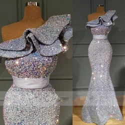 Shinny Sequins Boat Neck Ruffles Mermaid Cocktail Dresses One Shoulder Prom Evening Gown Backless Blet vestidos de fiesta