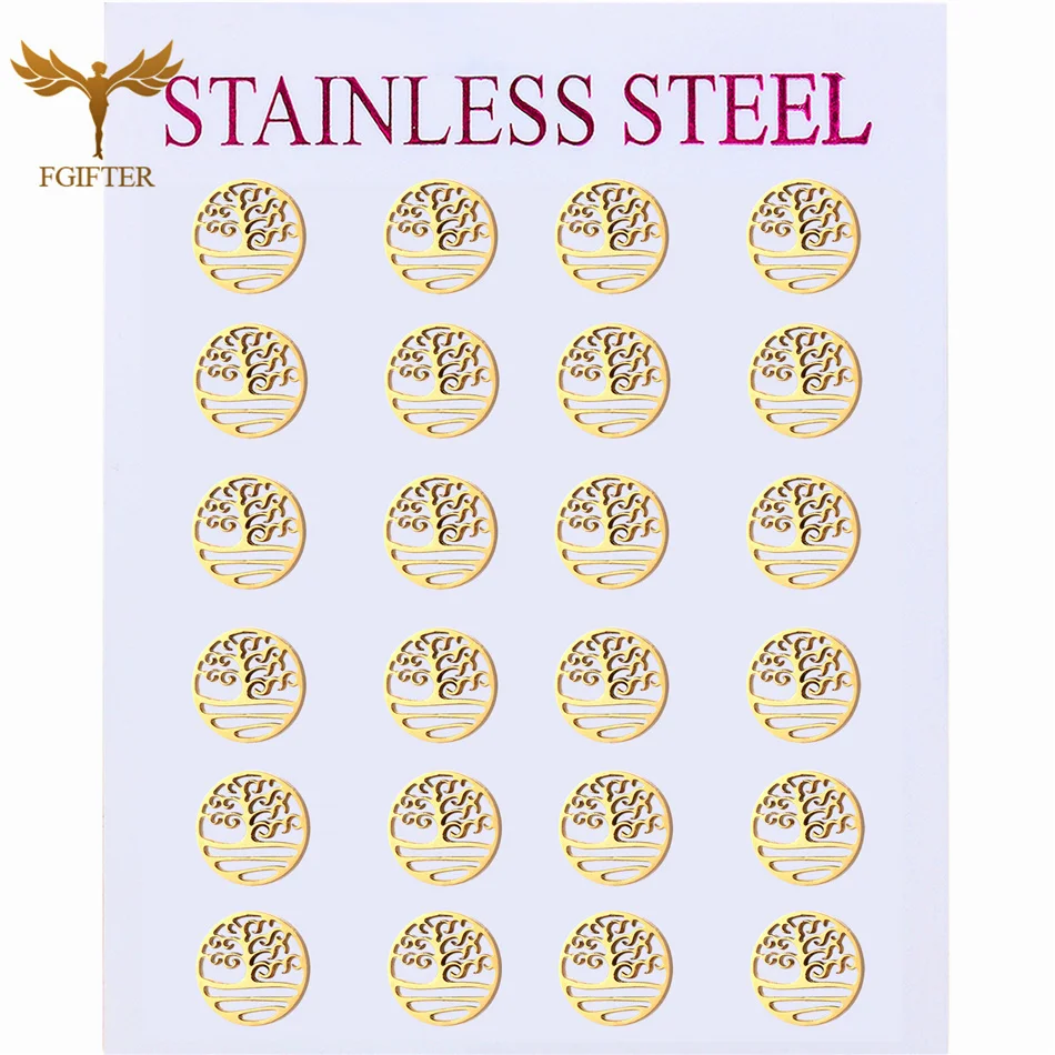 12 Pairs Pack Charm Tree Of Life Stud Earrings For Women Gold Color Stainless Steel Ear Piercing Jewelry Christmas Best Gifts