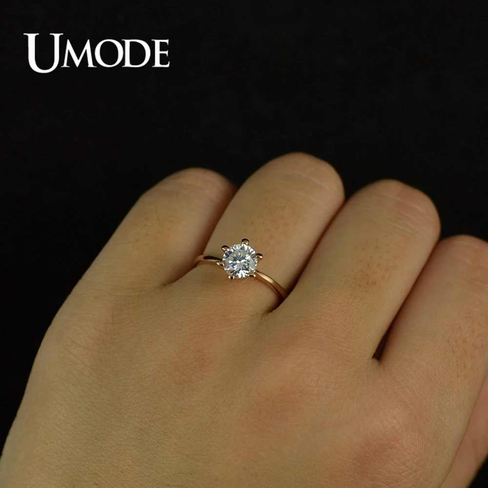 UMODE Classic 6 Prong Soliatire CZ Zircon Engagement Rings for Women 6mm Clear Crystal  JR0012A