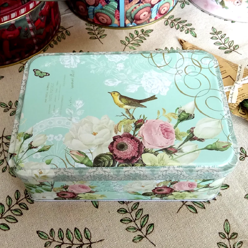 

Large Rectangular Flower Bird Cookies Tin Box With Lid Metal Candy Chocolate Home Organizer Coffee Sugar Tea Container