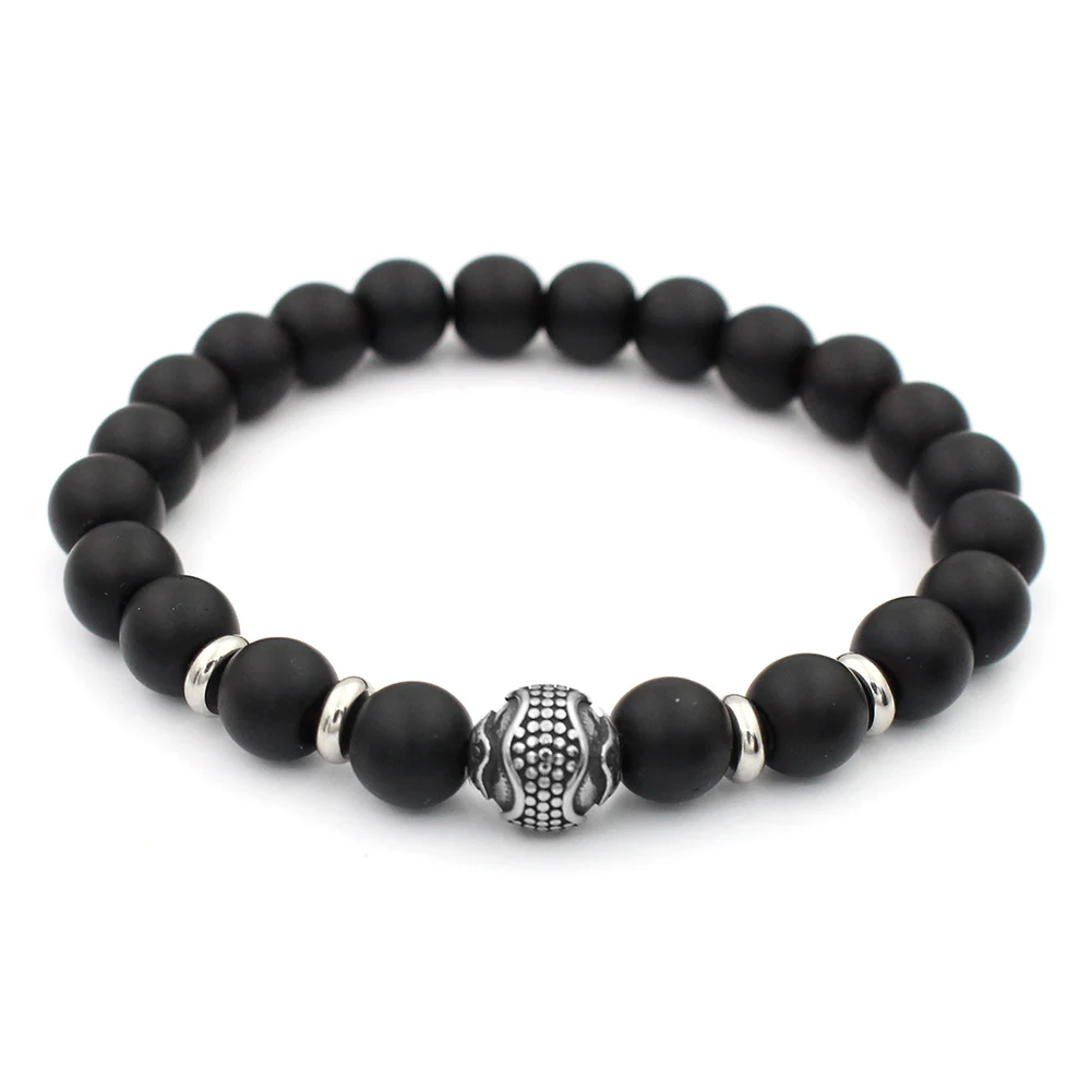 Fashion Stainless Steel Ball Bead Charms 8mm Black Stone Stretch Bead Bracelet For MEN&WOMEN