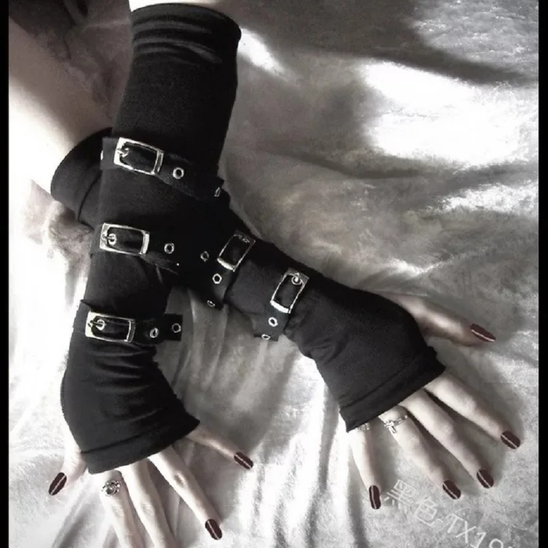 Steampunk Unisex Buckled Up Bondage Arm Warmers With Metal Buckle Straps Women\'s Black Gothic Style Fingerless Gloves