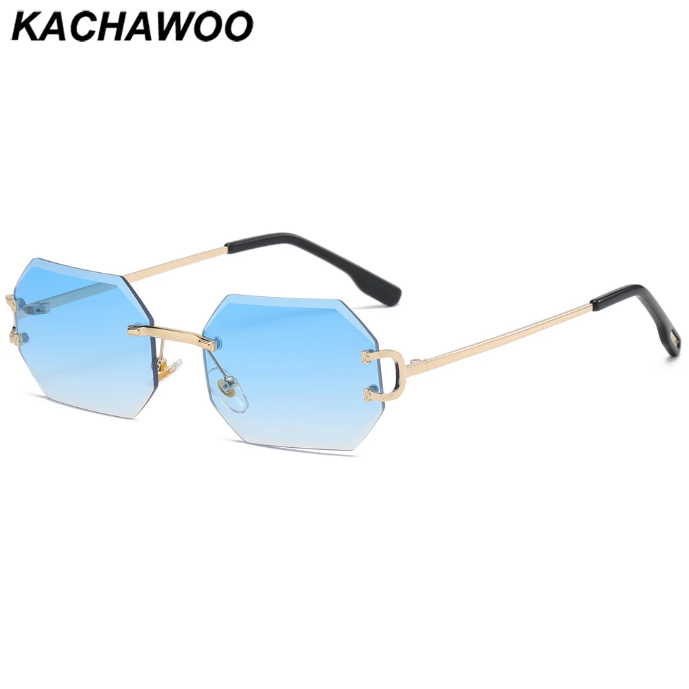 Kachawoo octagonal sunglasses rimless metal male fashion sun glasses female rectangle frameless blue brown pink European style