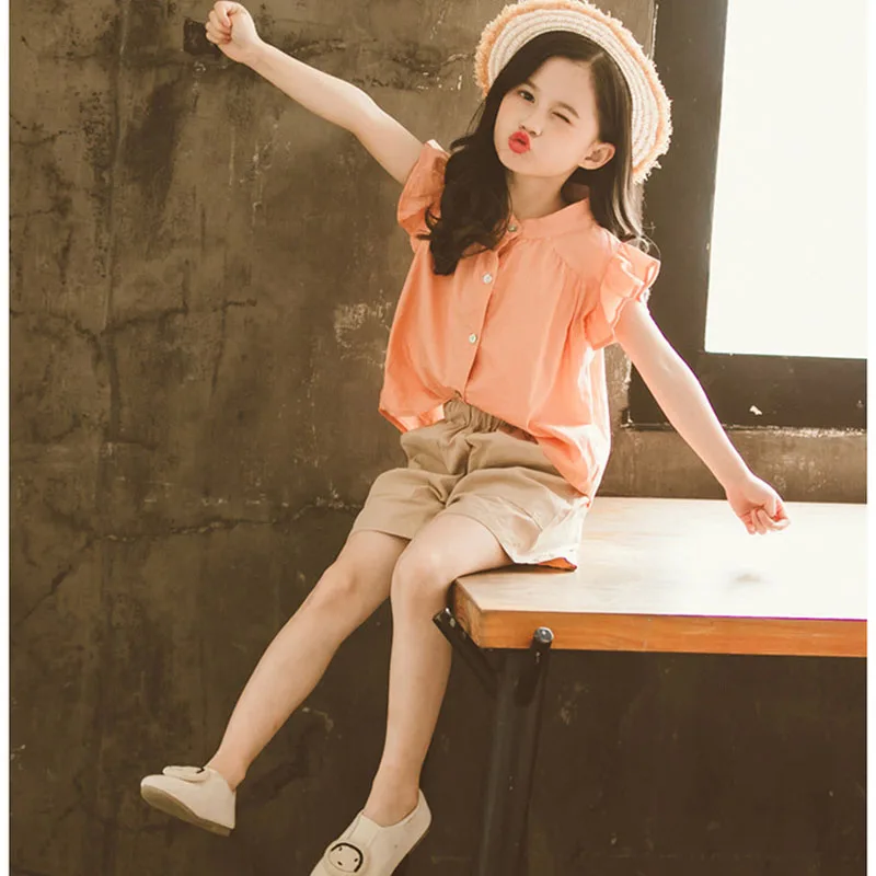 Girls' Summer Clothes New Korean Button Short Sleeve+Elastic Shorts Fashionable Suit Children'S Clothing For Teens 4 5 7 9 11 13