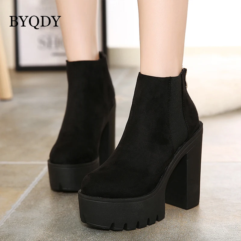 BYQDY High Heels Platform Boots Women Spring Autumn Block Heel Ankle Booties Street Style Back Zipper Footwear Plus Size