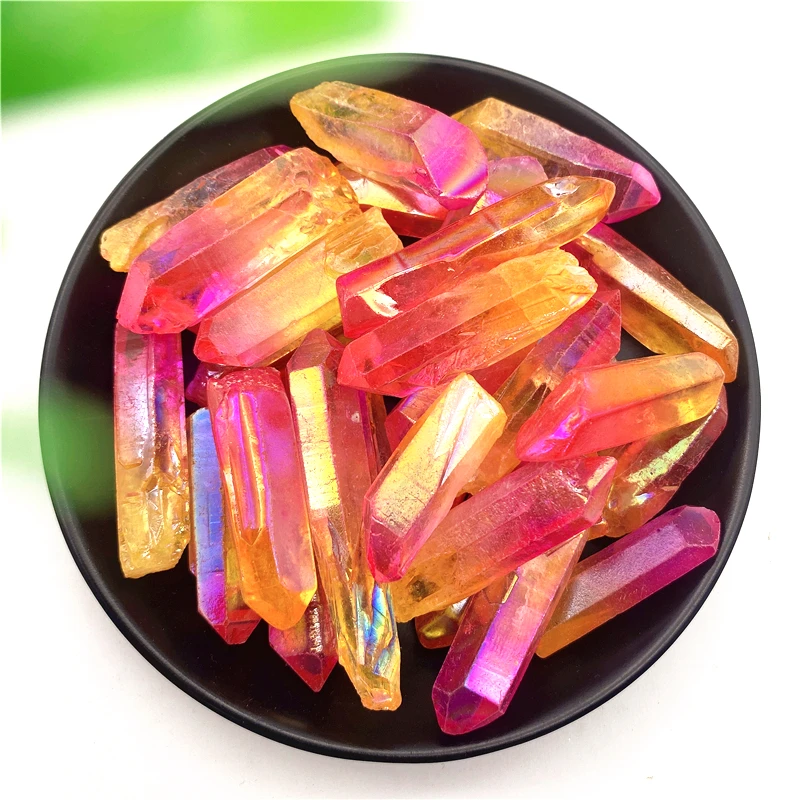 Beautiful 50g Electroplated Yellow and Pink Titanium Aura Lemurian Crystal Wand Point Healing Decorative Quartz Crystals