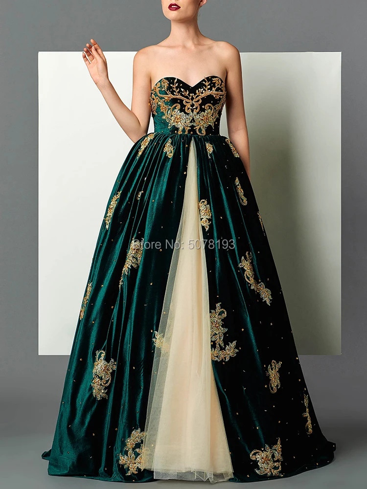 10273 Green/Champagne Sweetheart Natural A-line Floor-Length Velvet Coming-of-age Ceremony dresses/Formal gowns free shipping