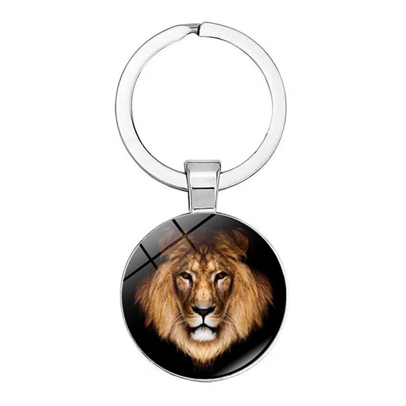 Personality Domineering Jungle Golden Lion King Fashion Keychain Keyring Jewelry Pendant Convex Glass Keychain