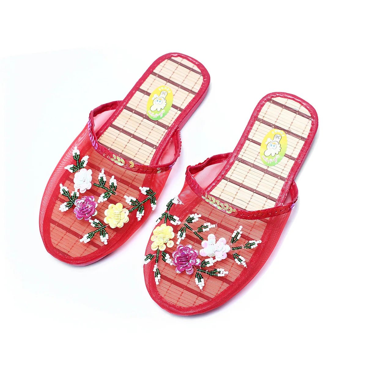 Zapatillas de interior con lentejuelas para mujer, zapatos planos, chanclas de playa de malla hueca de verano, chanclas informales Baotou creativas de malla de flores