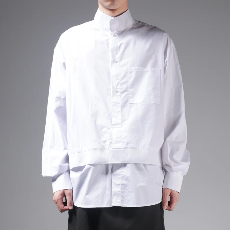 

Men's Fake Two-Piece Long-Sleeve Shirt Spring New Stand Collar Pure Black Magic Personality Design Leisure Long-Sleeve Shirt