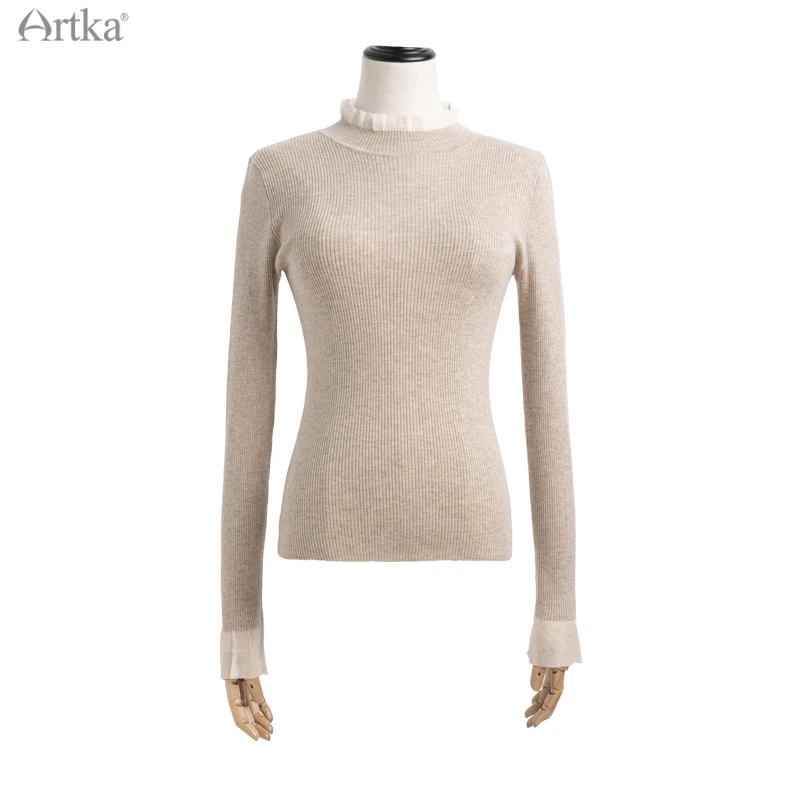 ARTKA 2021 Autumn New Women Knitwear Elegant Lace Stand Collar Pullover Wool Knitwear Soft Slim Black Knitting Sweater YB22018D