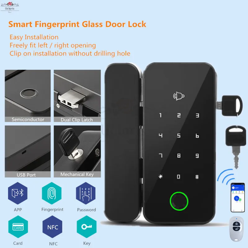 Smart Glass Door Biometric Fingerprint Lock Attendance Manage Bluetooth APP Remote Control Key,Code,Card,Phone NFC For Office