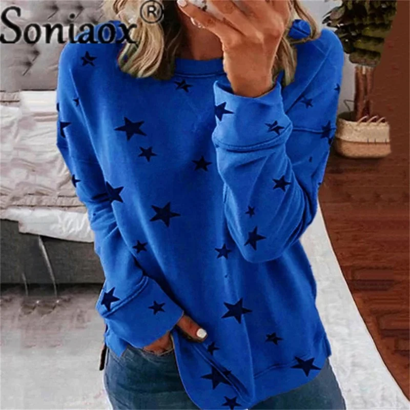 2021 Autumn Star Print Stitching Fashion T-Shirt Casual Women Tops Ladies Street Loose O-Neck Long Sleeve T Shirt