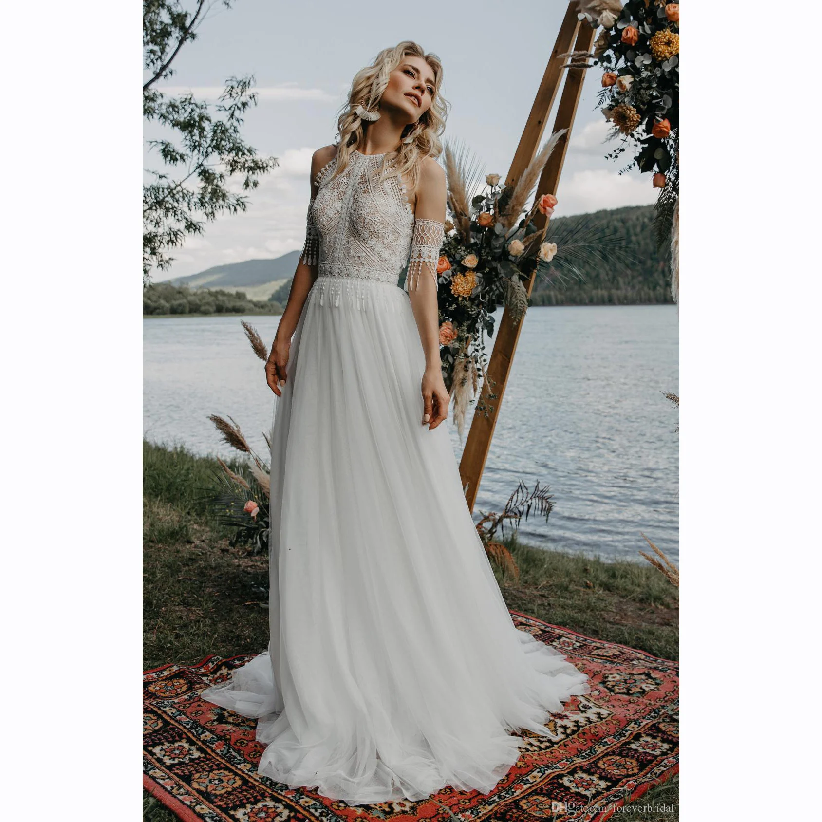 Robe de mariée bohème avec corsage de bijoux, licou dans le dos, robes de patients en tulle, appliques en dentelle, robes de mariée élégantes, look de plage, quel que soit le cas, 2022