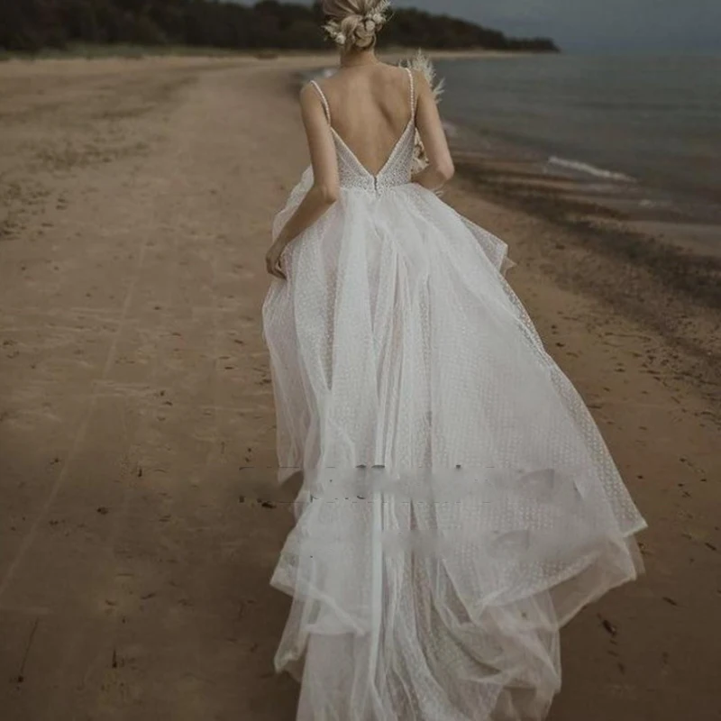 Robe de mariée princesse pour femme, style bohème, rustique, boho, avec train de balayage civil, pour patients, à bretelles spaghetti, élégante, pour la plage