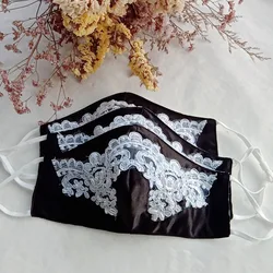 Masque de mariée avec poche à filtre en Satin, avec dentelle, fait à la main, 3 couches, contour 3D, masques faciaux réutilisables, fabriqués à la main