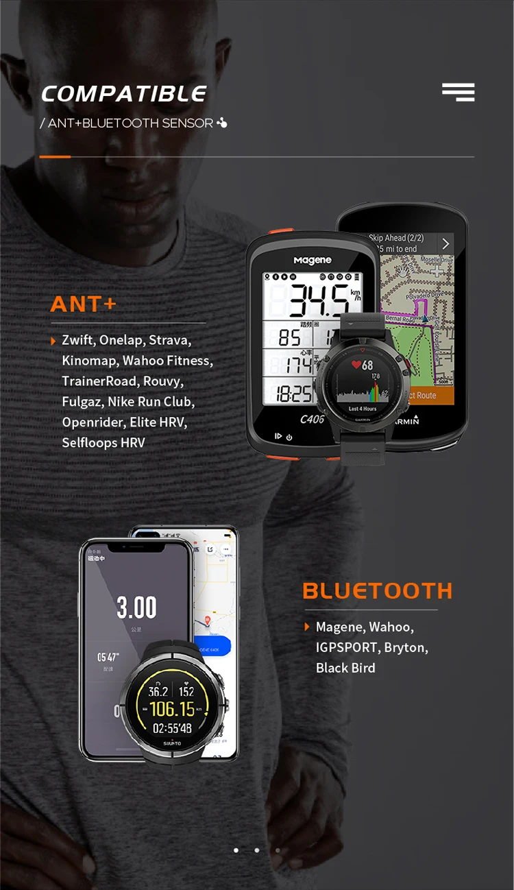 Moniteur de fréquence cardiaque/capteur de fréquence cardiaque mode double Bluetooth V4.0 & ANT, sans fil, ceinture thoracique de sport, CooSpo H6, Noir , Ant+ bluetooth