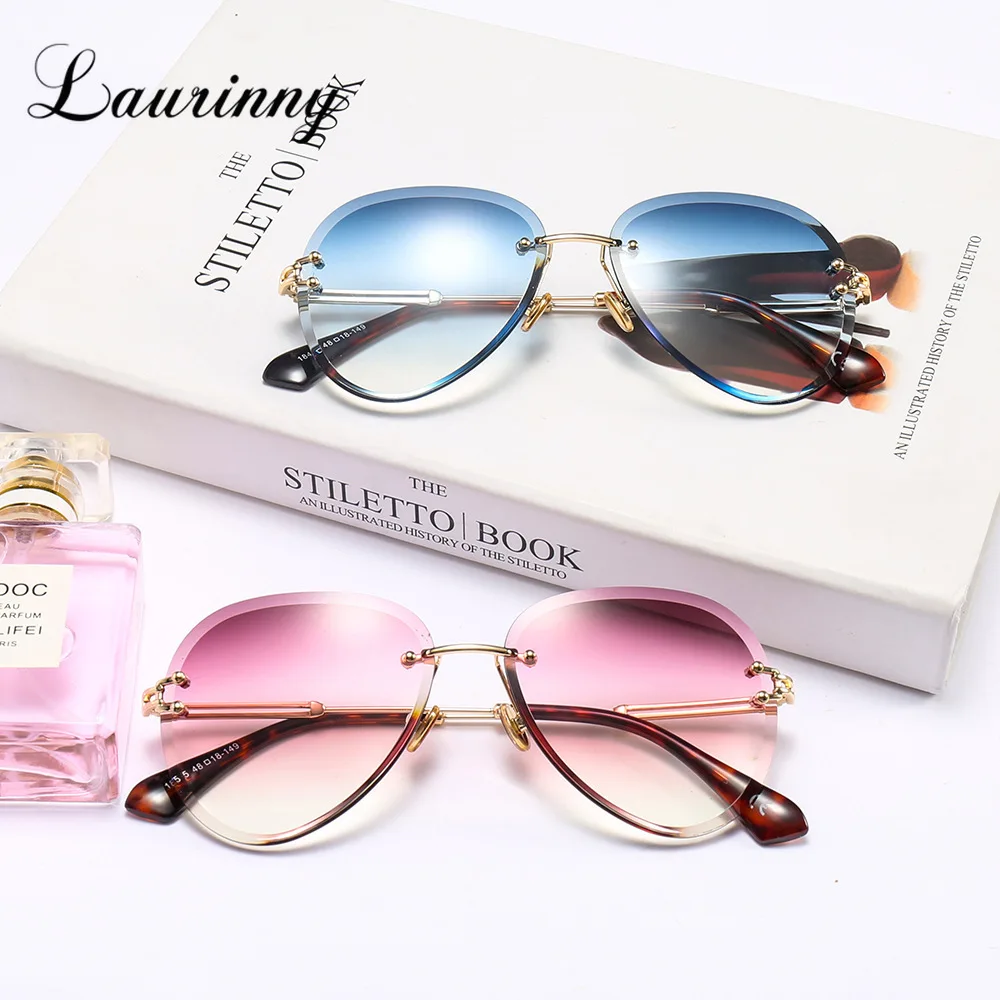 2021 New Pink Fashion Rimless Gradient Pilot Sunglasses Cutting Lens Ocean Women Shades Travel Beach Sun Glasses UV400 Female