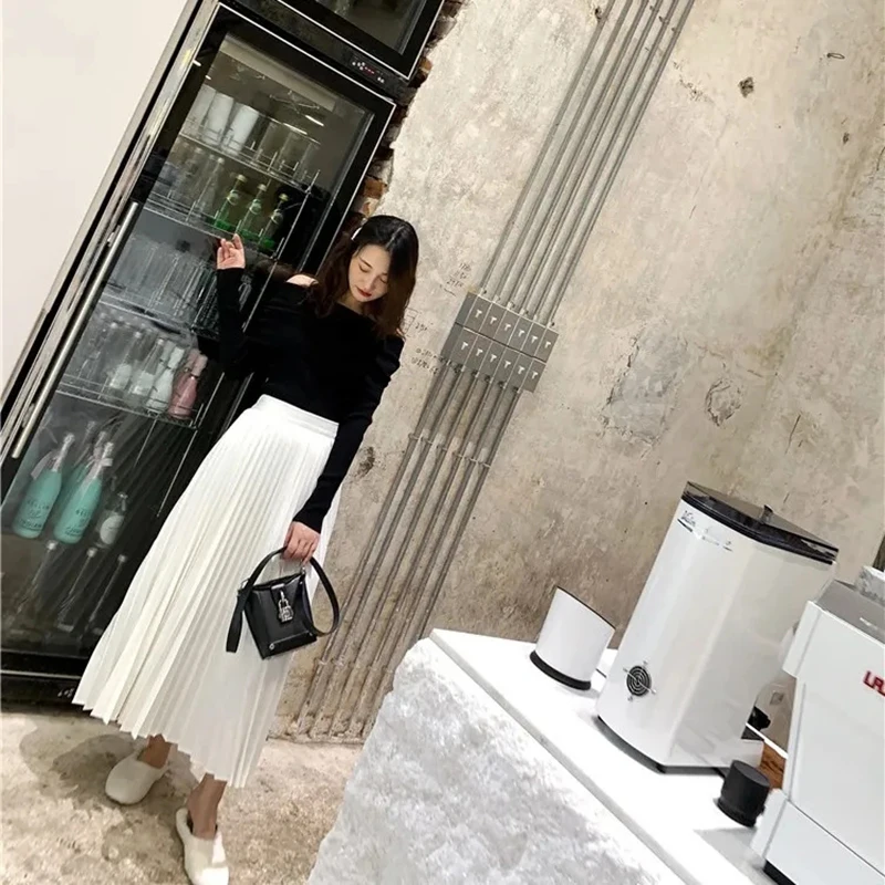 Korean Pleated Skirts Chiffon Long Midi Skirts Women Clothes 2021 Spring Summer Elegant Women White Black High Waist Skirts New