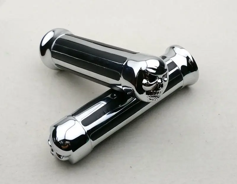 1 Pair Motorcycle Skull Stripe Chrome Hand Grips Handle Bar 1\'\'