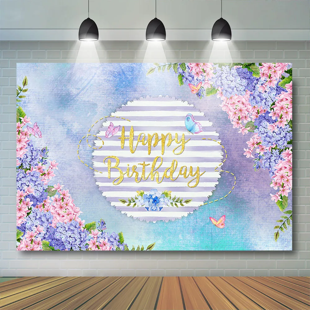 

Girl Birthday Backdrop Floral Butterfly Purple Flower Party Banner Child Kids Photography Baby Garden WallPaper Photostudio