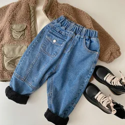 Boys Jeans Children'S Velvet Thick Winter Clothing Personalized Front Pocket Warm Baby Casual Pants Kids Clothes Jeans For Girls