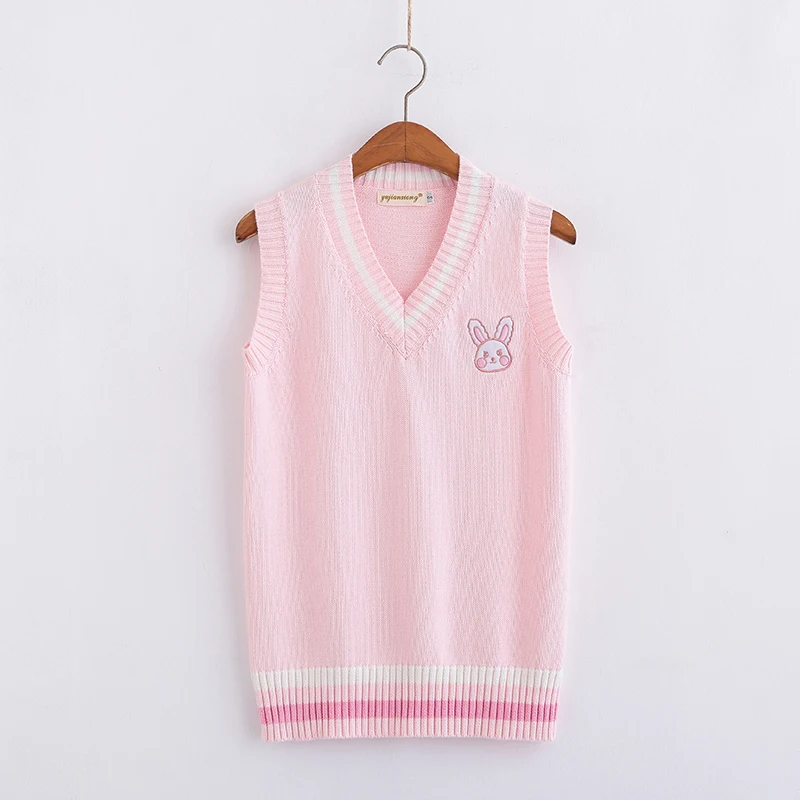 Pink Small rabbit Embroidery pattern Sweater vest high school Japanese-style knitting pullover