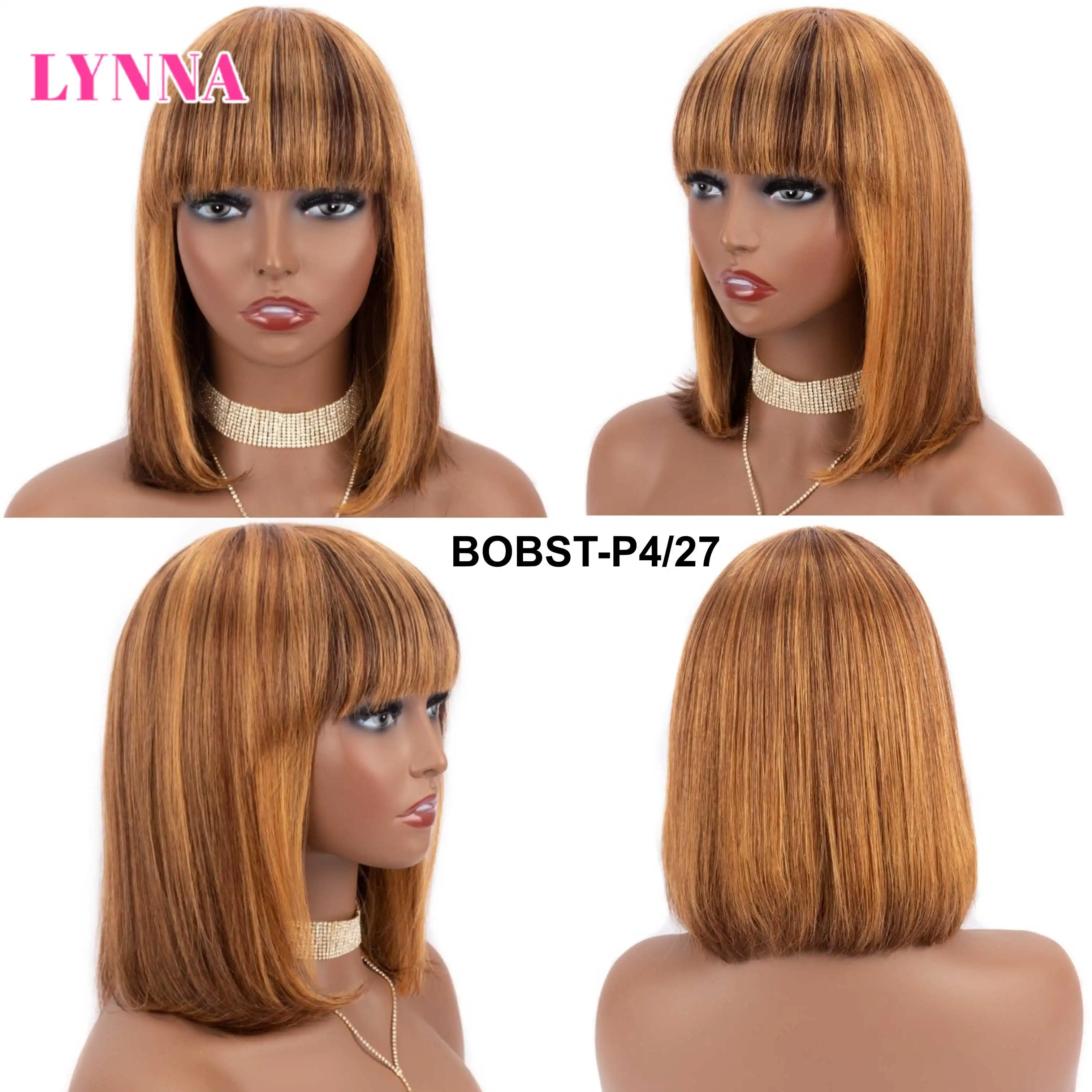 Highlight Bob Straight Wig With Bangs Full Machine Made Human Hair Wigs Short Bob Ombre Human Hair Wig Cheap Wig For Black Women