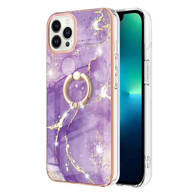 Ring Holder Case For Apple iPhone 16 15 14 12 11 Pro Max 13 Mini Plus High Quality Marble IMD PC Stand Shockproof Phone Cover