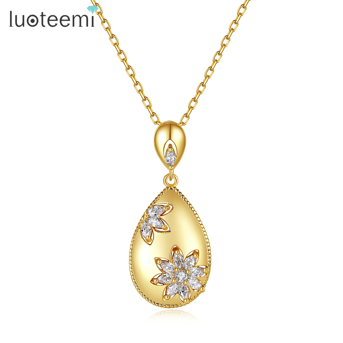 

LUOTEEMI Oval Long Pendant Women Necklace Cubic Flowers Zirconia Chain for Female Statement Necklace Gold Color Regalo Dia De La