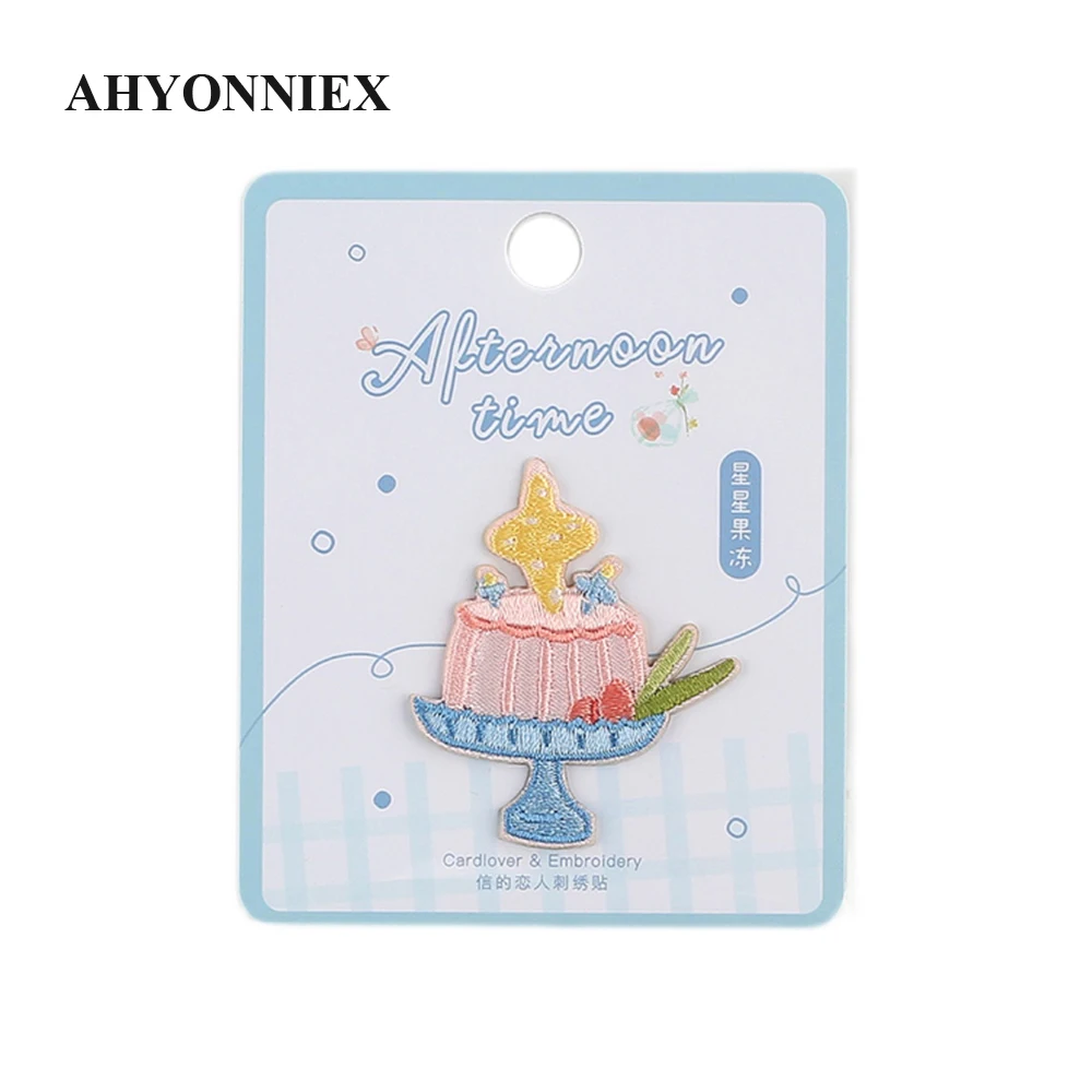 AHYONNIEX 1 Piece Bear Cake Dessert Embroidery Repair Patches Bag Jeans Cartoon Iron On Patches for Handbook Small Glue Sticker