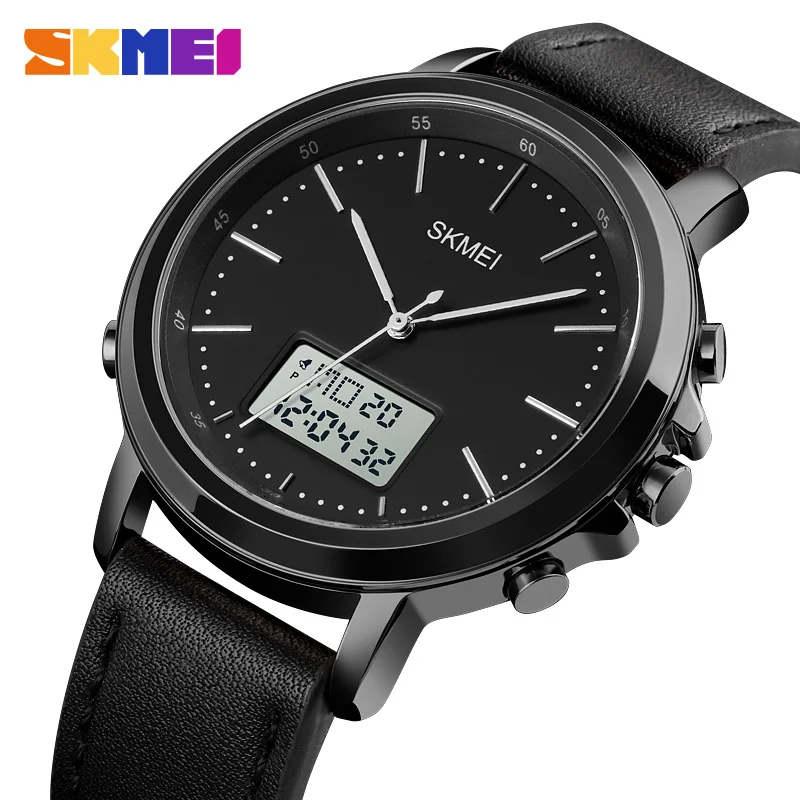 SKMEI Dual Display Casual Watches For Men Chrono Alarm Digital Mens Wristwatch Leather Strap Waterproof Watch reloj hombre 1652