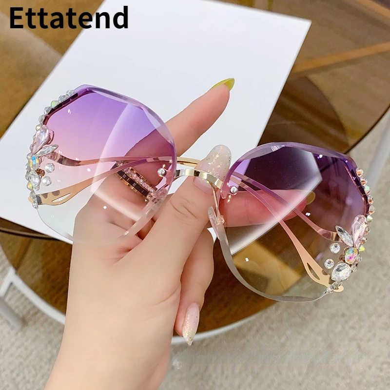 

Luxury Designer Fashion Rimless Sunglasses Women Vintage Brand Shades Bling Rhinestone Big Diamond Sun Glasses Gafas De Sol