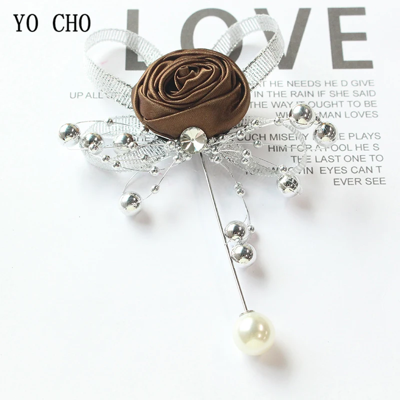 YO CHO-Groom Boutonniere Broche Buttonhole para Mulheres e Homens, Pinos De Corsage De Casamento, Rosas De Seda, Corsage Flores Acessórios