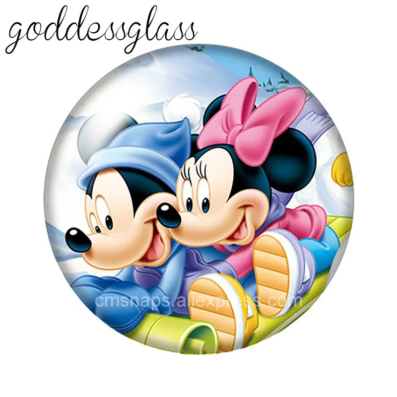 Mickey Minnie Mouse Pooh Donald 10pcs Round photo glass cabochon 18mm snap buttons for 18mm snap bracelets jewelry wholesale