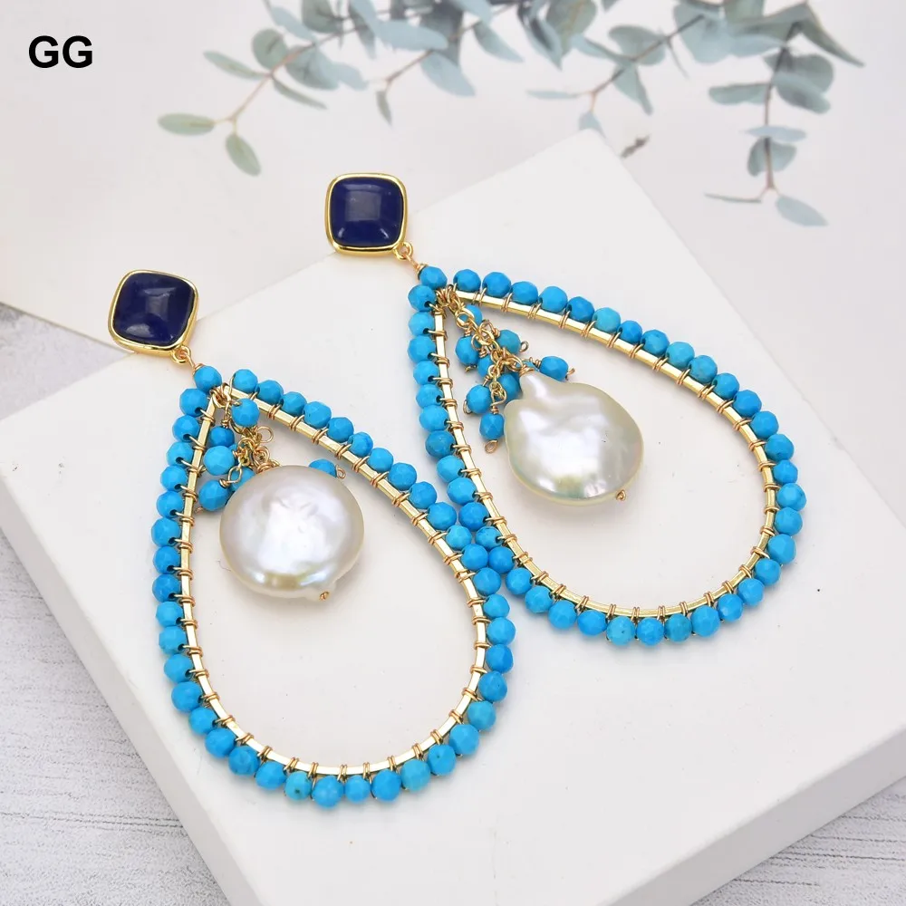 GuaiGuai Jewelry Teardrop Blue Turquoise White Coin Pearl Blue Sodalite Dangle Stud Earrings