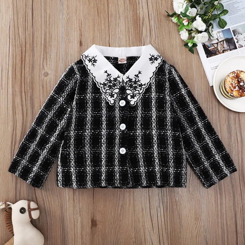 

Plaid Jacket for Girls Clothing Vintage Children Outwear Embroidered Floral Baby Coats Thin Button Girls Coat Toddler Overcoat