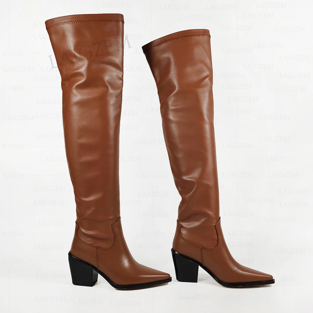 

BERZIMER Women Over Knee Boots Block Mid Thick Heels Prom Tall Boots Zapatos Mujer Ladies Shoes Woman Big Size 39 42 44 46
